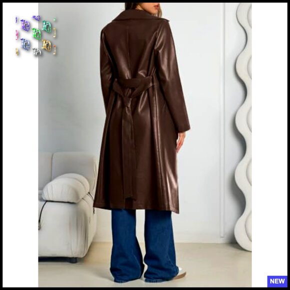 Faux Leather Trench Coat Long Lapel Open Front Belted Classic Elegant Chic - Picture 4 of 6